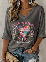 V-Neck Retro Coat Of Many Colors Forever In Our Hearts Print T-Shirt