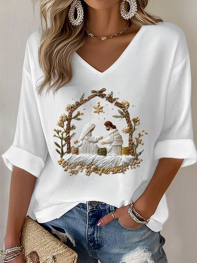 🦌Buy 3 Get 15% Off🦌Women's Nativity Faith Print T-shirt