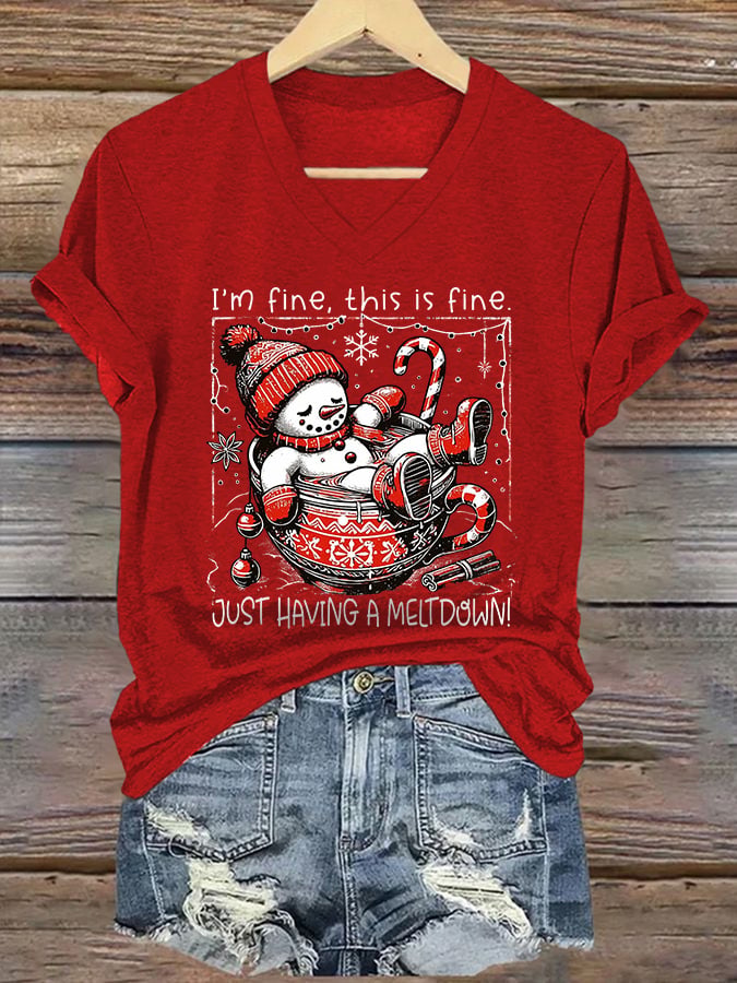 🦌Buy 3 Get 15% Off🦌V-Neck Retro Christmas Funny Snowman Hot Cocoa I'm Fine, This Is Fine Just Having A Meltdown Print T-Shirt