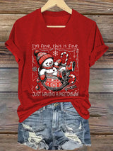 🦌Buy 3 Get 15% Off🦌V-Neck Retro Christmas Funny Snowman Hot Cocoa I'm Fine, This Is Fine Just Having A Meltdown Print T-Shirt