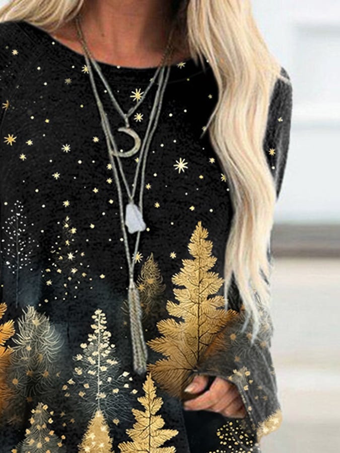 Retro Christmas Stars and Golden Christmas Tree Print Tops Print Sweatshirt