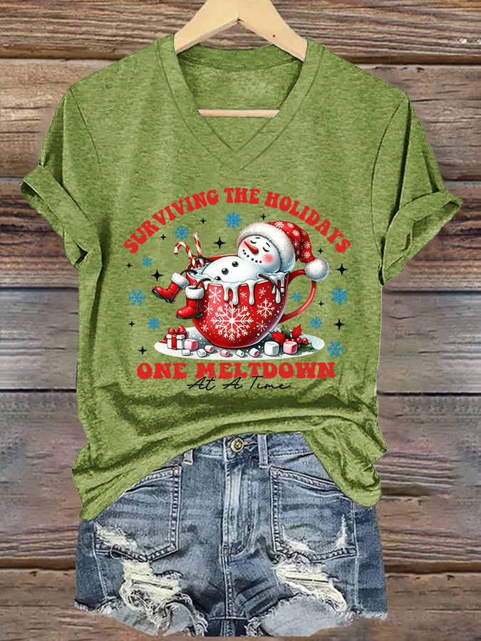 🦌Buy 3 Get 15% Off🦌V-Neck Retro Christmas Snowman In Coffee Surviving The Holidays One Meltdown At A Time Print T-Shirt