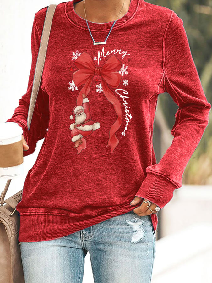 🦌Buy 3 Get 15% Off🦌Retro Merry Christmas Bow Santa Claus Snowflakes Print Sweatshirt