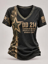 Women's Casual Short-Sleeve V-Neck Tee – "DD214 America Official Woman Card" Print
