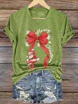 🦌Buy 3 Get 15% Off🦌V-Neck Retro Merry Christmas Bow Santa Claus Snowflakes Print T-Shirt