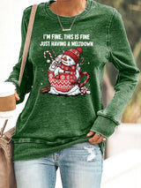 🦌Buy 3 Get 15% Off🦌Retro Christmas Funny Snowman Hot Cocoa I'm Fine, This Is Fine Just Having A Meltdown Print Sweatshirt
