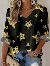 V-Neck Retro Christmas Golden Stars Print T-Shirt