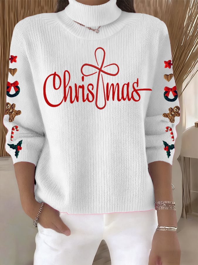 Women's Retro Christmas Cross Faith Print Turtleneck Knit Top