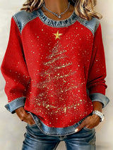 Retro Golden Christmas Tree Print Sweatshirt