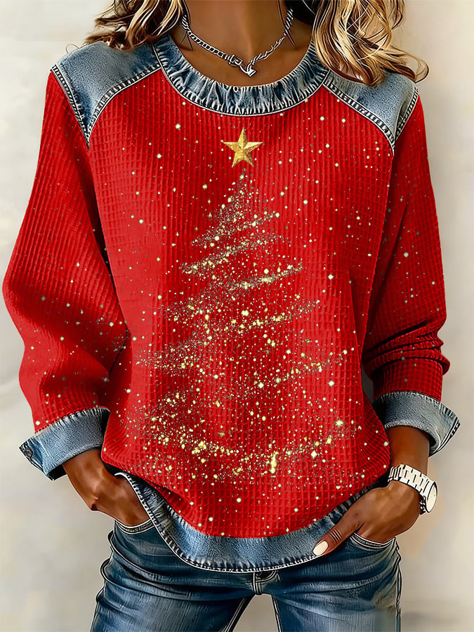 Retro Golden Christmas Tree Print Sweatshirt