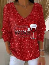 🦌Buy 3 Get 15% Off🦌Women's Dreaming Of A Wine Christmas Print V Neck Sweater