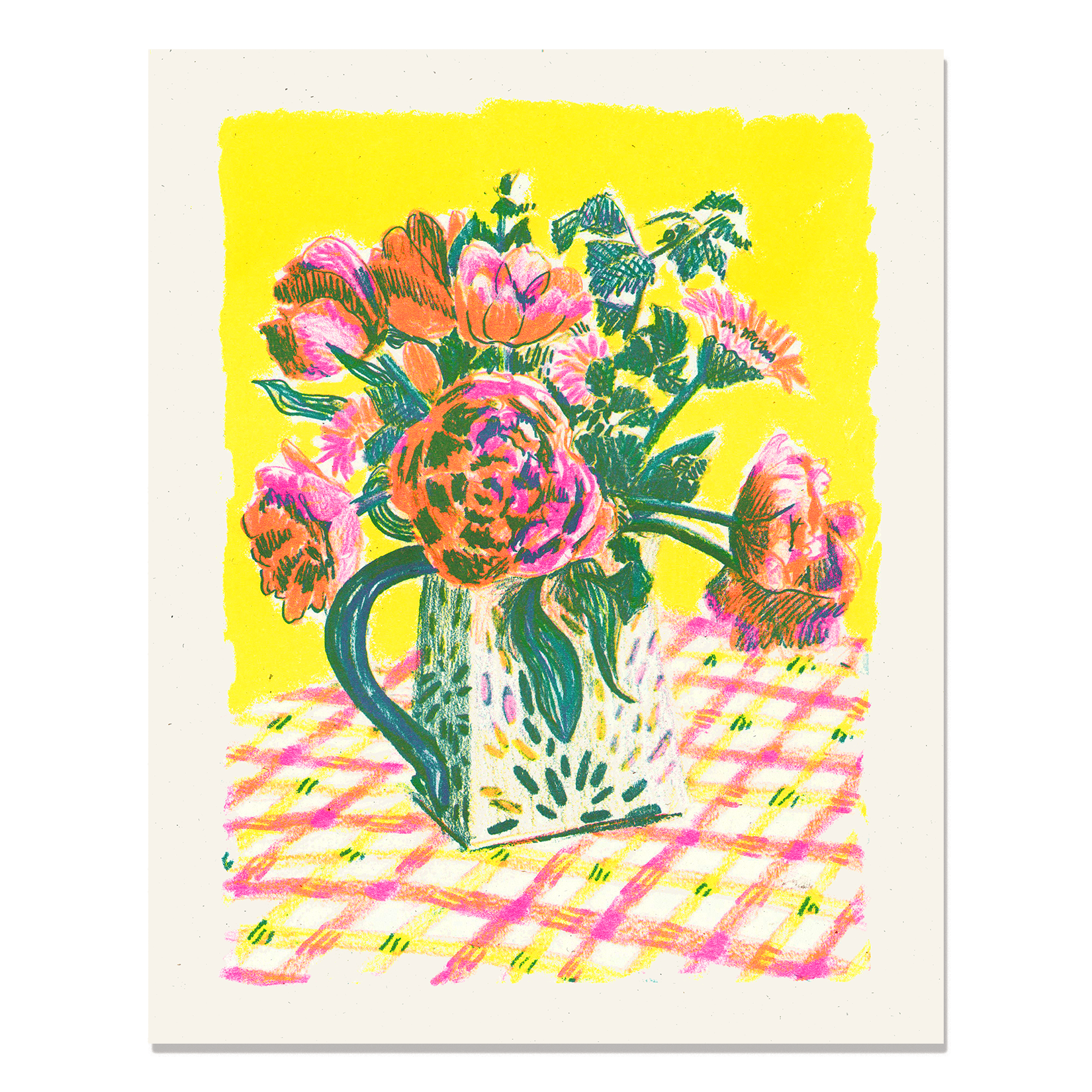 Tulips and Gingham Risograph Art Print