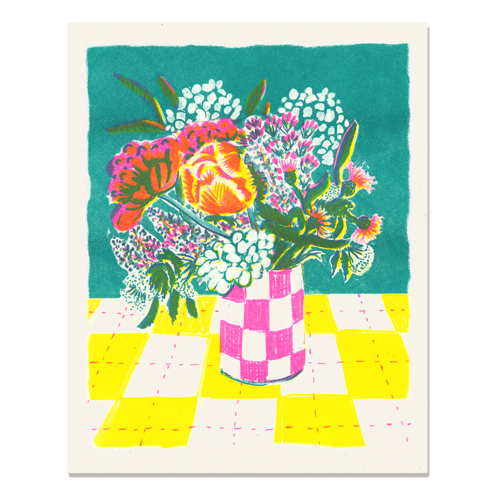 Hydrangea and Checks Risograph Art Print