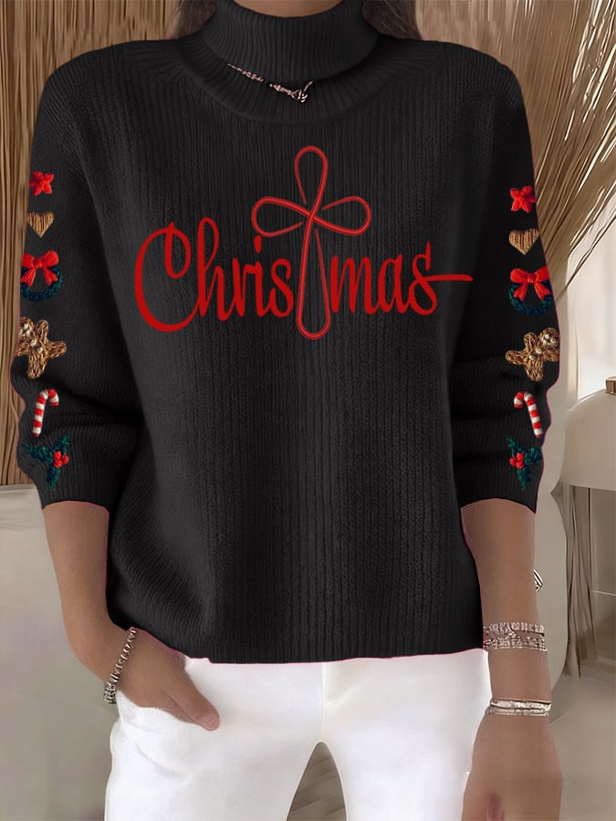 Women's Retro Christmas Cross Faith Print Turtleneck Knit Top
