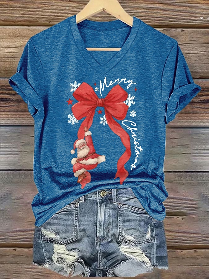 🦌Buy 3 Get 15% Off🦌V-Neck Retro Merry Christmas Bow Santa Claus Snowflakes Print T-Shirt