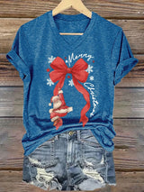 🦌Buy 3 Get 15% Off🦌V-Neck Retro Merry Christmas Bow Santa Claus Snowflakes Print T-Shirt