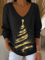 V-Neck Retro Christmas Golden Christmas Tree Print Knitwear Tops