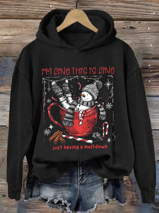 🦌Buy 3 Get 15% Off🦌Retro Christmas Funny Snowman Hot Cocoa I'm Fine, This Is Fine Just Having A Meltdown Print Hoodie