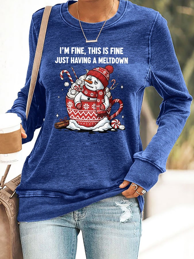 🦌Buy 3 Get 15% Off🦌Retro Christmas Funny Snowman Hot Cocoa I'm Fine, This Is Fine Just Having A Meltdown Print Sweatshirt