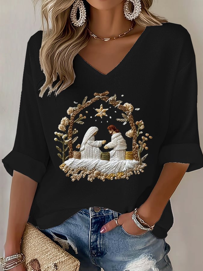 🦌Buy 3 Get 15% Off🦌Women's Nativity Faith Print T-shirt