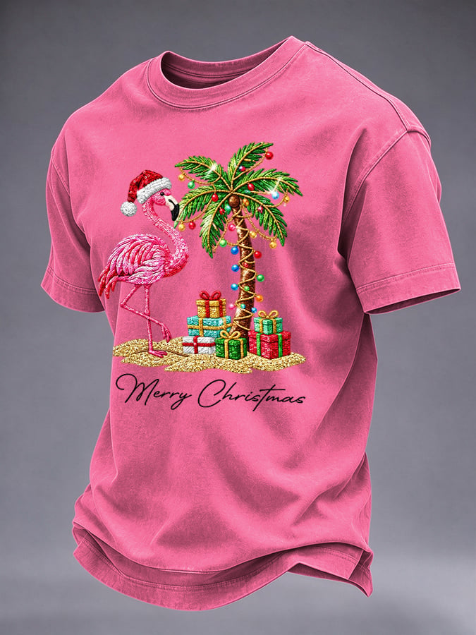 Men's Flamingo Christmas Print Round Neck T-shirt