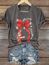 🦌Buy 3 Get 15% Off🦌V-Neck Retro Merry Christmas Bow Santa Claus Snowflakes Print T-Shirt