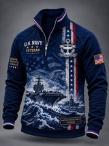 Men's Retro Navy Veteran Art Printed Zipper Long-Sleeve Hoodie