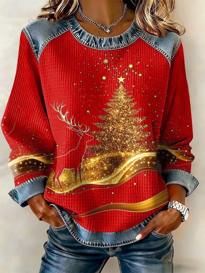 Retro Golden Christmas Tree And Reindeer Print Sweatshirt
