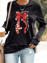🦌Buy 3 Get 15% Off🦌Retro Merry Christmas Bow Santa Claus Snowflakes Print Sweatshirt