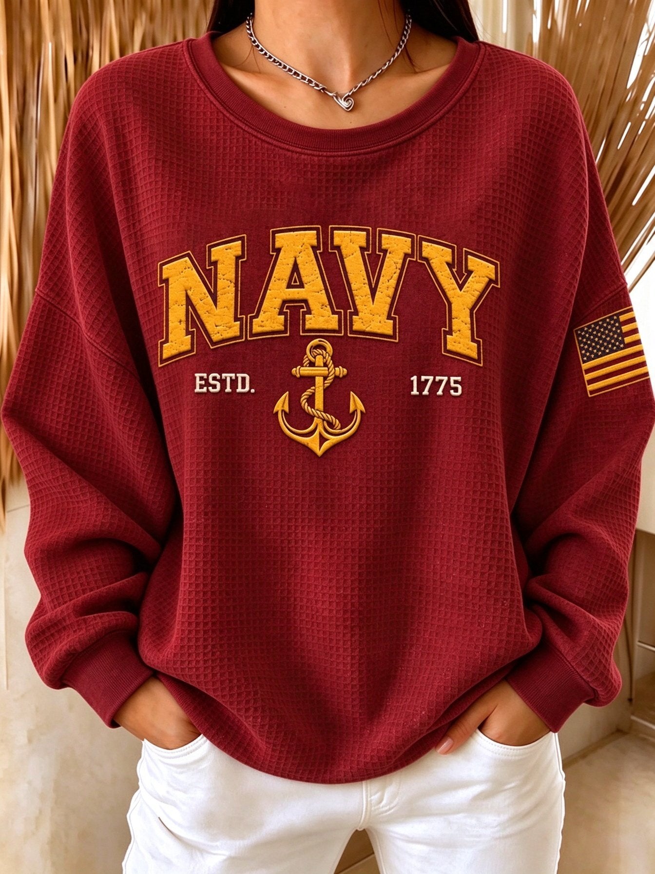 Women's Casual Veterans Day Print Waffle-Knit Long-Sleeve Top