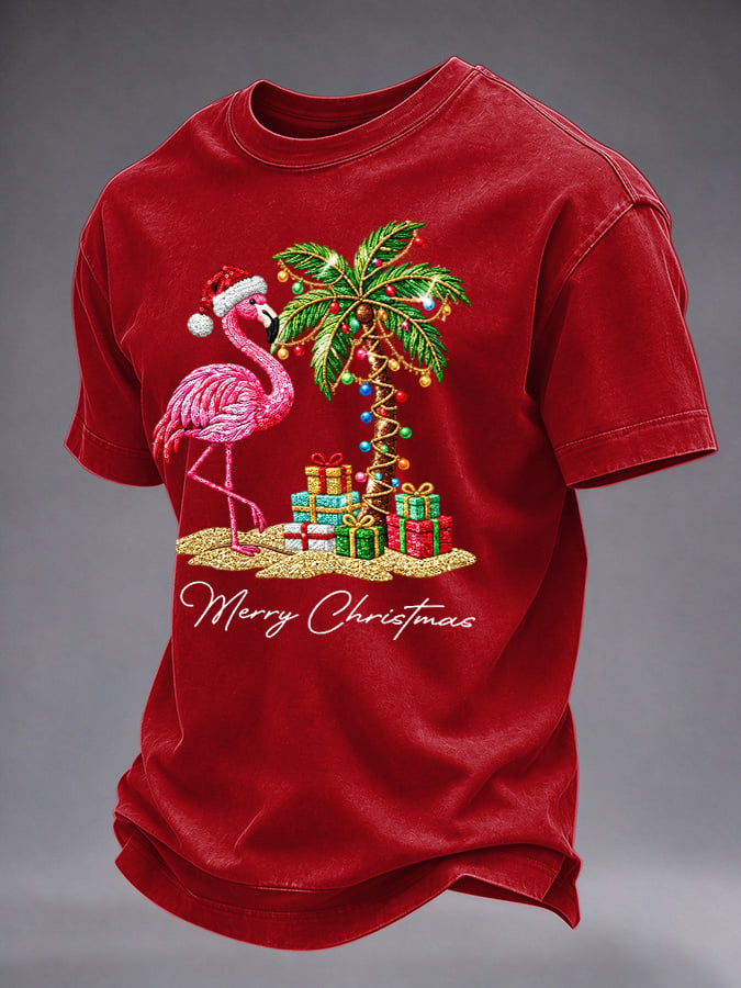 Men's Flamingo Christmas Print Round Neck T-shirt