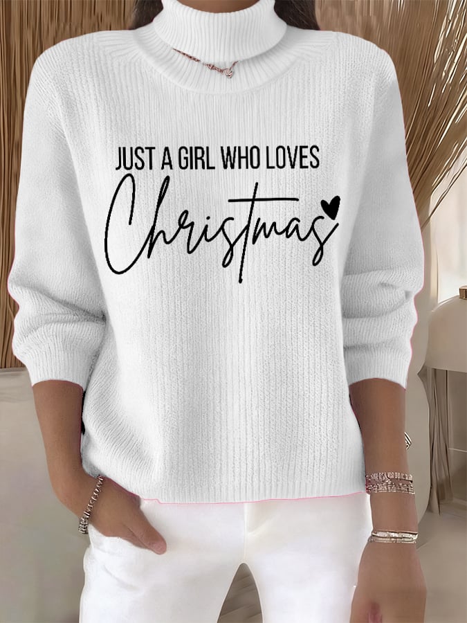 🦌Buy 3 Get 15% Off🦌Women's Retro Just A Girl Who Loves Christmas Print Turtleneck Knit Top