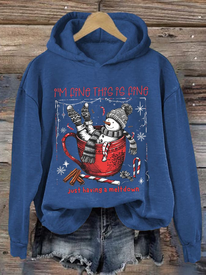🦌Buy 3 Get 15% Off🦌Retro Christmas Funny Snowman Hot Cocoa I'm Fine, This Is Fine Just Having A Meltdown Print Hoodie