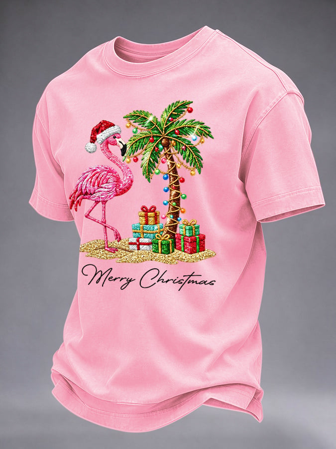 Men's Flamingo Christmas Print Round Neck T-shirt