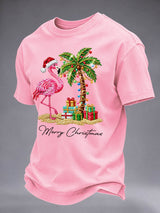 Men's Flamingo Christmas Print Round Neck T-shirt