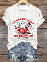 🦌Buy 3 Get 15% Off🦌V-Neck Retro Christmas Snowman In Coffee Surviving The Holidays One Meltdown At A Time Print T-Shirt