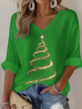 V-Neck Retro Christmas Golden Christmas Tree Print T-Shirt