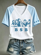 Damen-T-Shirt mit Musikprint, V-Ausschnitt und kurzen Ärmeln