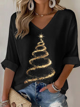 V-Neck Retro Christmas Golden Christmas Tree Print T-Shirt