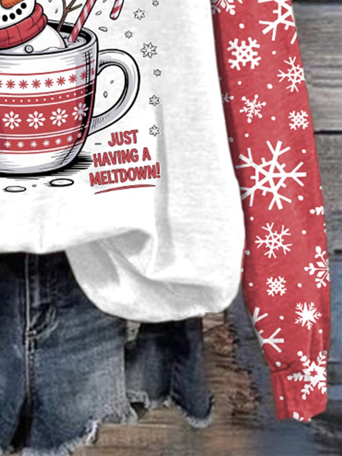 🦌Buy 3 Get 15% Off🦌Retro Raglan Sleeves Christmas Funny Snowman Hot Cocoa I'm Fine, This Is Fine Just Having A Meltdown Print Sweatshirt