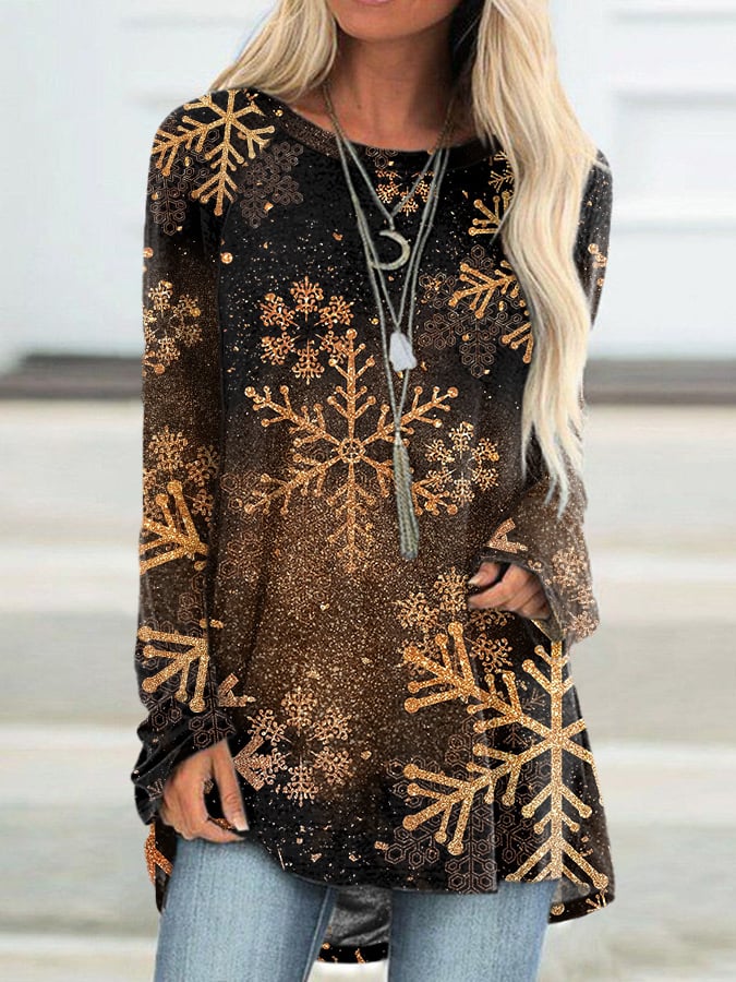 Retro Christmas Gold Gradient Snowflakes Print Tops