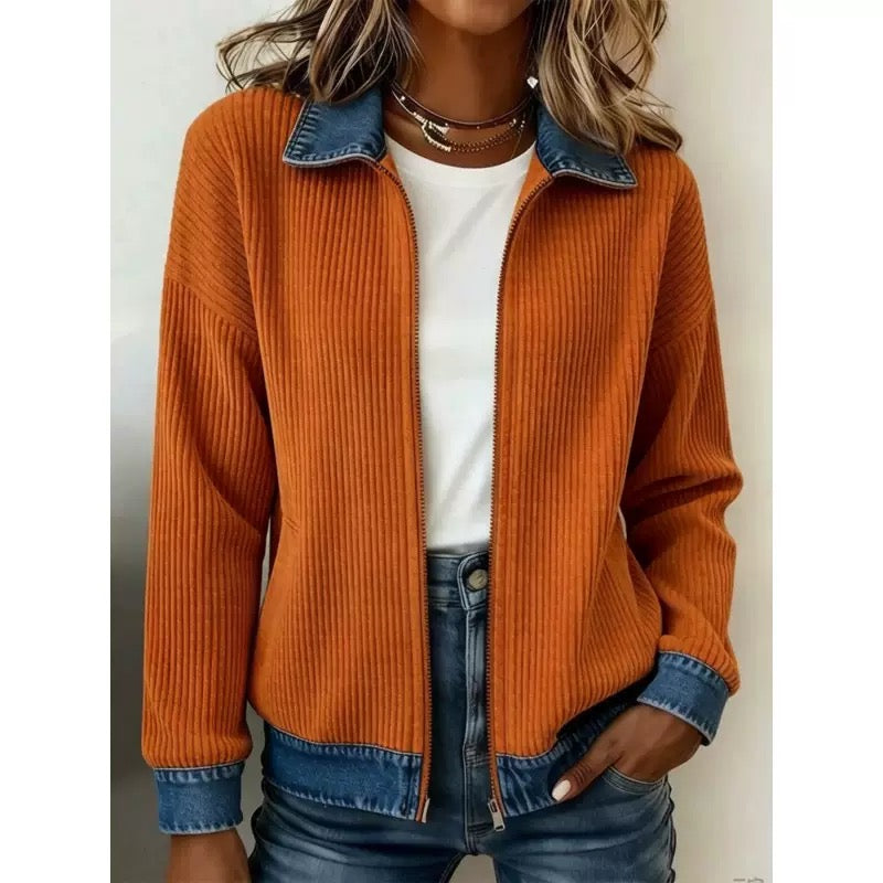 🎁New Arrivals 🔥Women's Casual Ribbed Knit Zip-Up Jacket with Contrast Denim Details