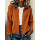 🎁New Arrivals 🔥Women's Casual Ribbed Knit Zip-Up Jacket with Contrast Denim Details