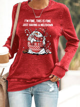 🦌Buy 3 Get 15% Off🦌Retro Christmas Funny Snowman Hot Cocoa I'm Fine, This Is Fine Just Having A Meltdown Print Sweatshirt