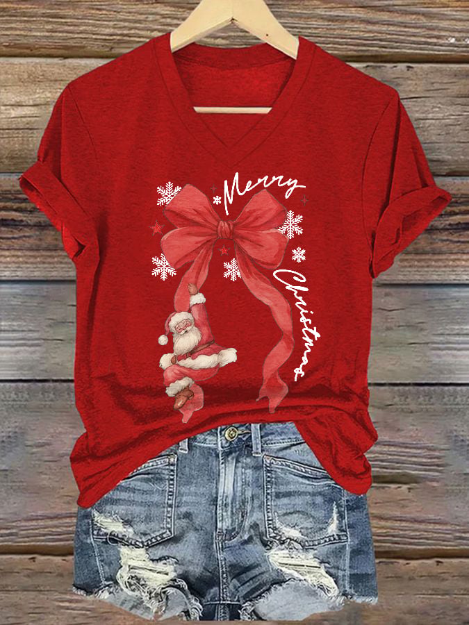 🦌Buy 3 Get 15% Off🦌V-Neck Retro Merry Christmas Bow Santa Claus Snowflakes Print T-Shirt