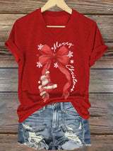 🦌Buy 3 Get 15% Off🦌V-Neck Retro Merry Christmas Bow Santa Claus Snowflakes Print T-Shirt
