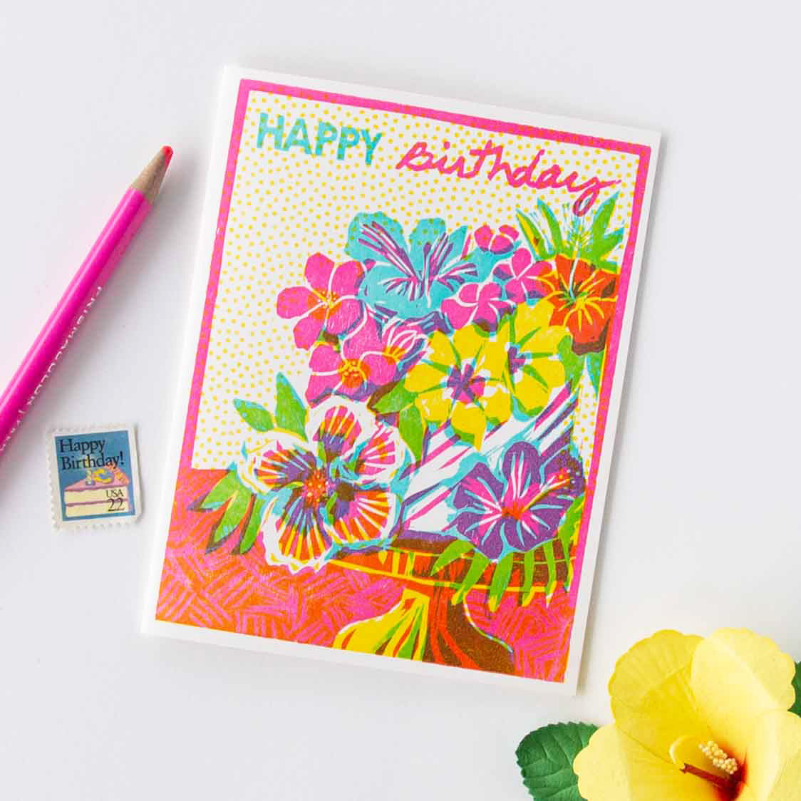 Happy Birthday (Tropical Floral Cake) Letterpress Card